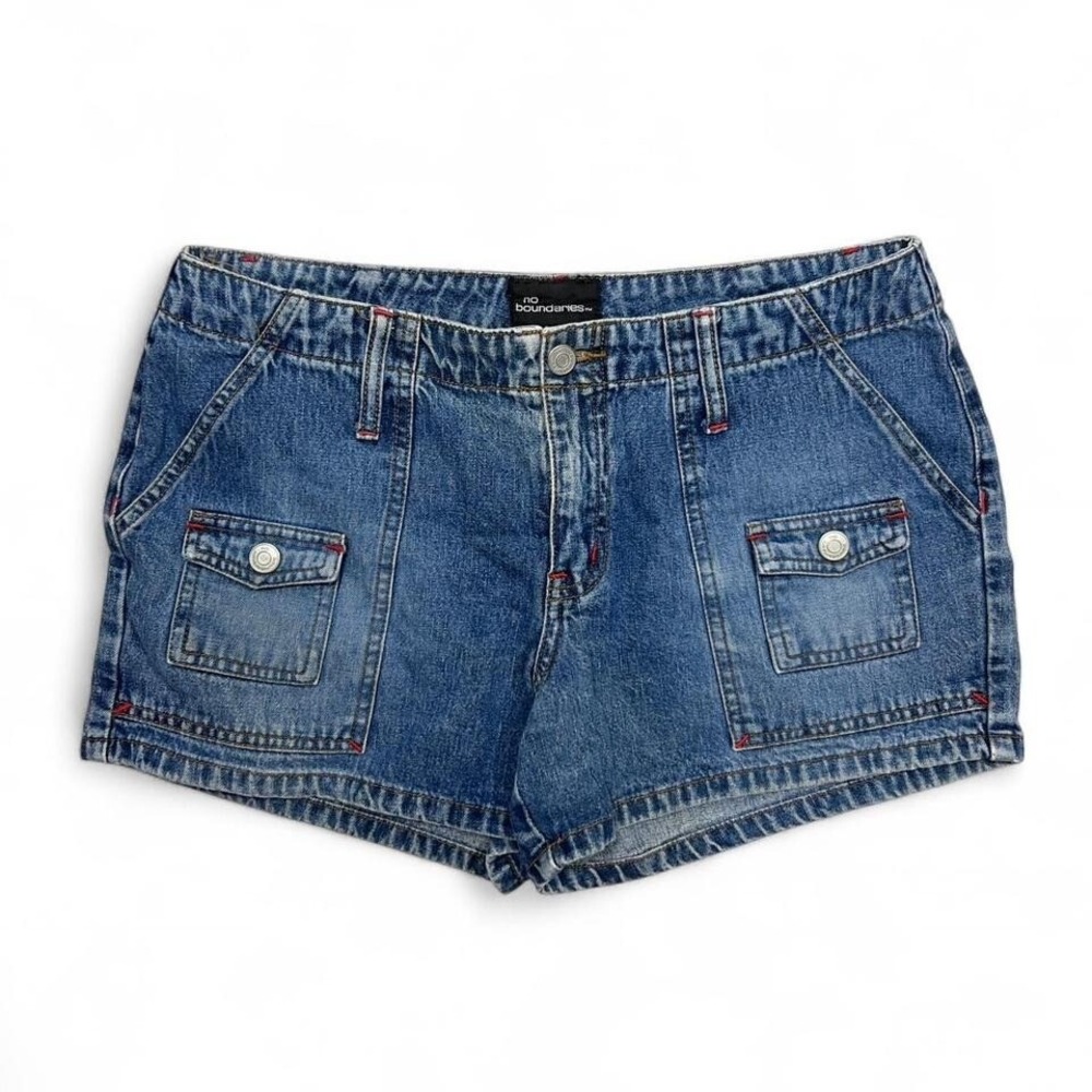 Vintage Y2K No Boundaries Blue Denim Cargo Shorts Womens Size 11 Red Stitch